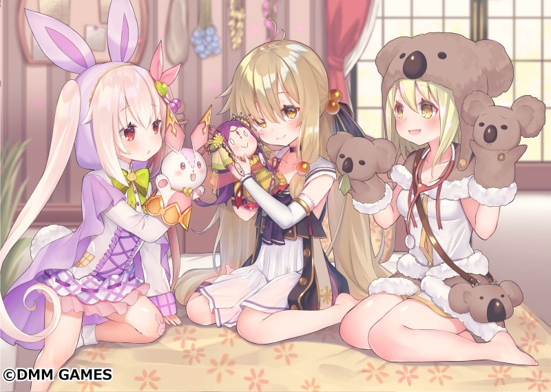 3girls, :d, animal_bag, animal_ears, bag, bangs, barefoot, black_choker