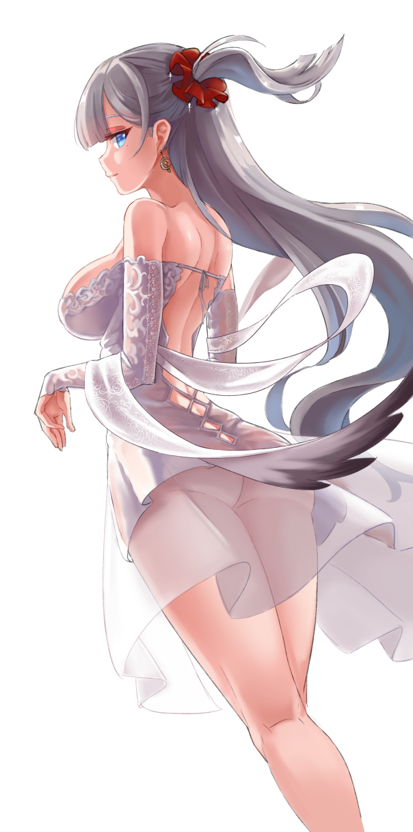 1girl, ass, azur_lane, blue_eyes, dress, earrings, from_behind, hair_ornament