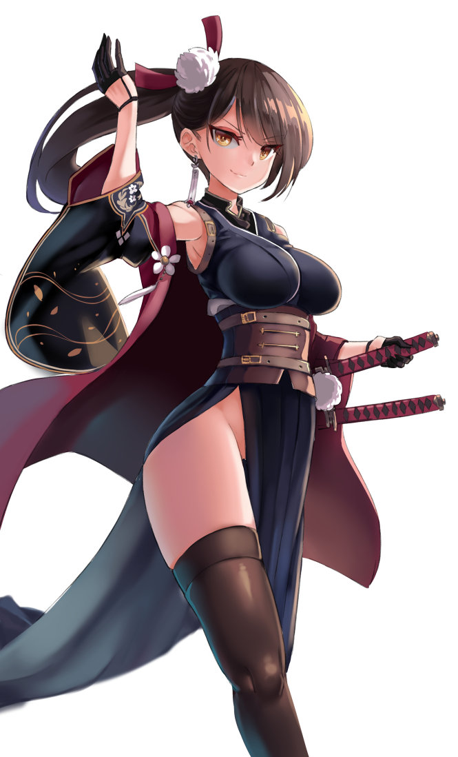 1girl, azur_lane, black_gloves, black_hair, black_legwear, detached_sleeves, earrings, eyeshadow, gloves, groin, hair_ornament, half_gloves, holding, japanese_clothes, jewelry, katana, long_hair, looking_at_viewer, makeup, obi, phandit_thirathon, sash, side_ponytail, simple_background, smile, solo, sword, thigh-highs, weapon, white_background, yellow_eyes, zuikaku_(azur_lane)