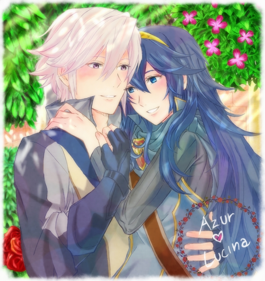 1boy, 1girl, azur_(fire_emblem), blue_eyes, blue_hair, blush, couple, cute