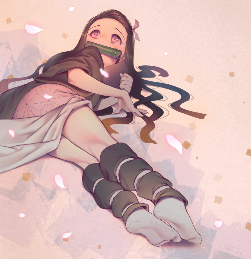 1girl, asa_no_ha_(pattern), bamboo, bit_gag, black_hair, fingernails, forehead, gag