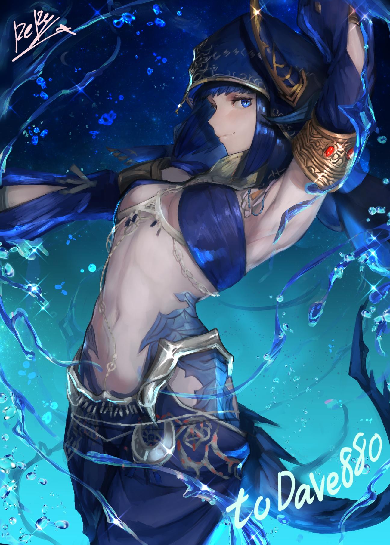 1girl, arabian_clothes, arm_up, armpits, au_ra, bangs, blue_eyes, blue_hair