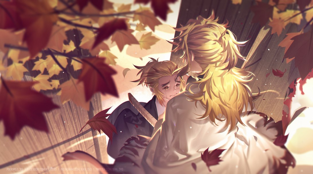 2boys, autumn_leaves, blonde_hair, blurry, brothers, brown_eyes, child, commentary_request