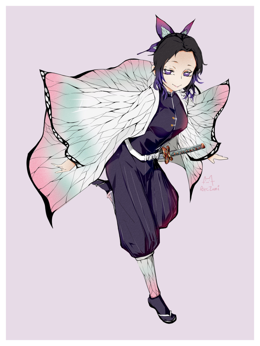 1girl, absurdres, arczumi, black_hair, black_jacket, black_pants, butterfly_hair_ornament, closed_mouth