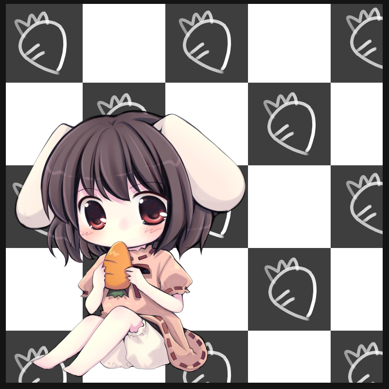 bad_id, barefoot, black_hair, bloomers, border, bunny_ears, carrot, checkered