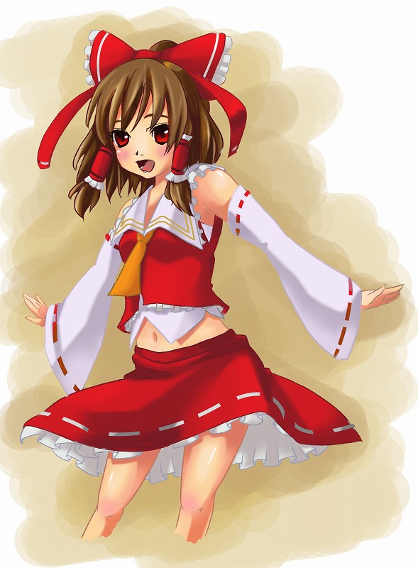 brown_hair, detached_sleeves, hakurei_reimu, japanese_clothes, midriff, miko, red_eyes, ribbon