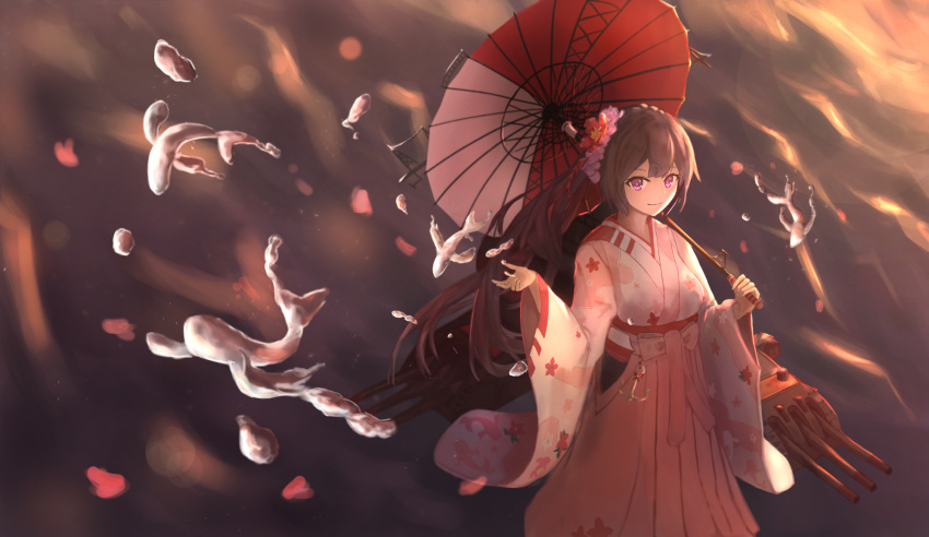 1girl, anchor, black_hair, flower, hair_flower, hair_ornament, highres, japanese_clothes, kimono, kurusemina, long_hair, long_sleeves, looking_at_viewer, oriental_umbrella, over_shoulder, pink_kimono, rendian_(steelblue_mirage), simple_background, smile, solo, standing, steelblue_mirage, turret, umbrella, very_long_hair, violet_eyes, water, wide_sleeves