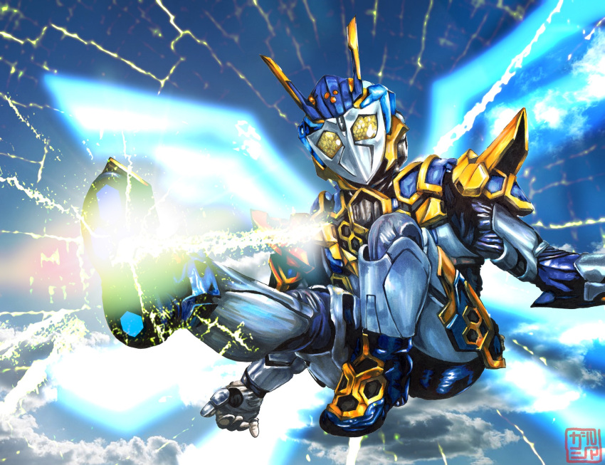 1girl, armor, electricity, flying_kick, helmet, highres, kamen_rider, kamen_rider_01_(series)