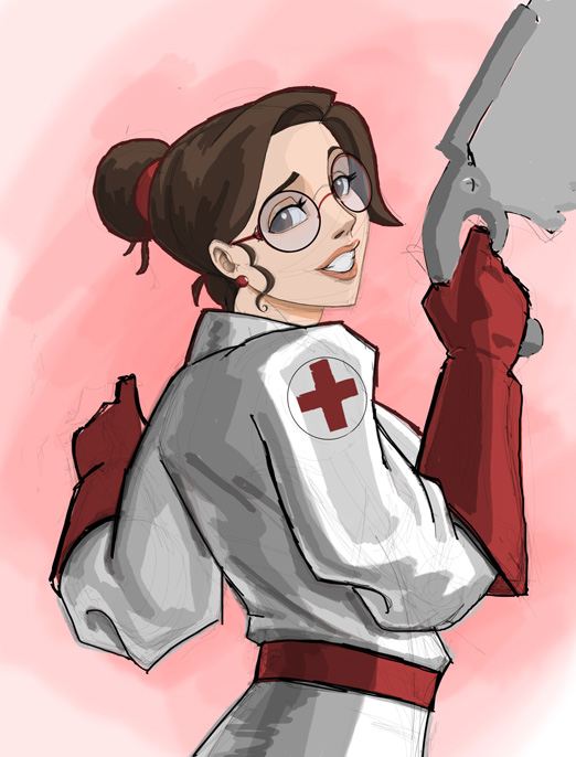 earrings, genderswap, glasses, gloves, jewelry, labcoat, lips, looking_back