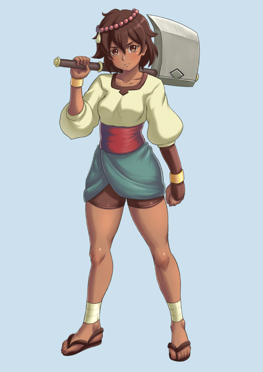 ajna_(indivisible), ankle_wrap, axe, beads, bike_shorts, bracelet, brown_eyes, brown_hair