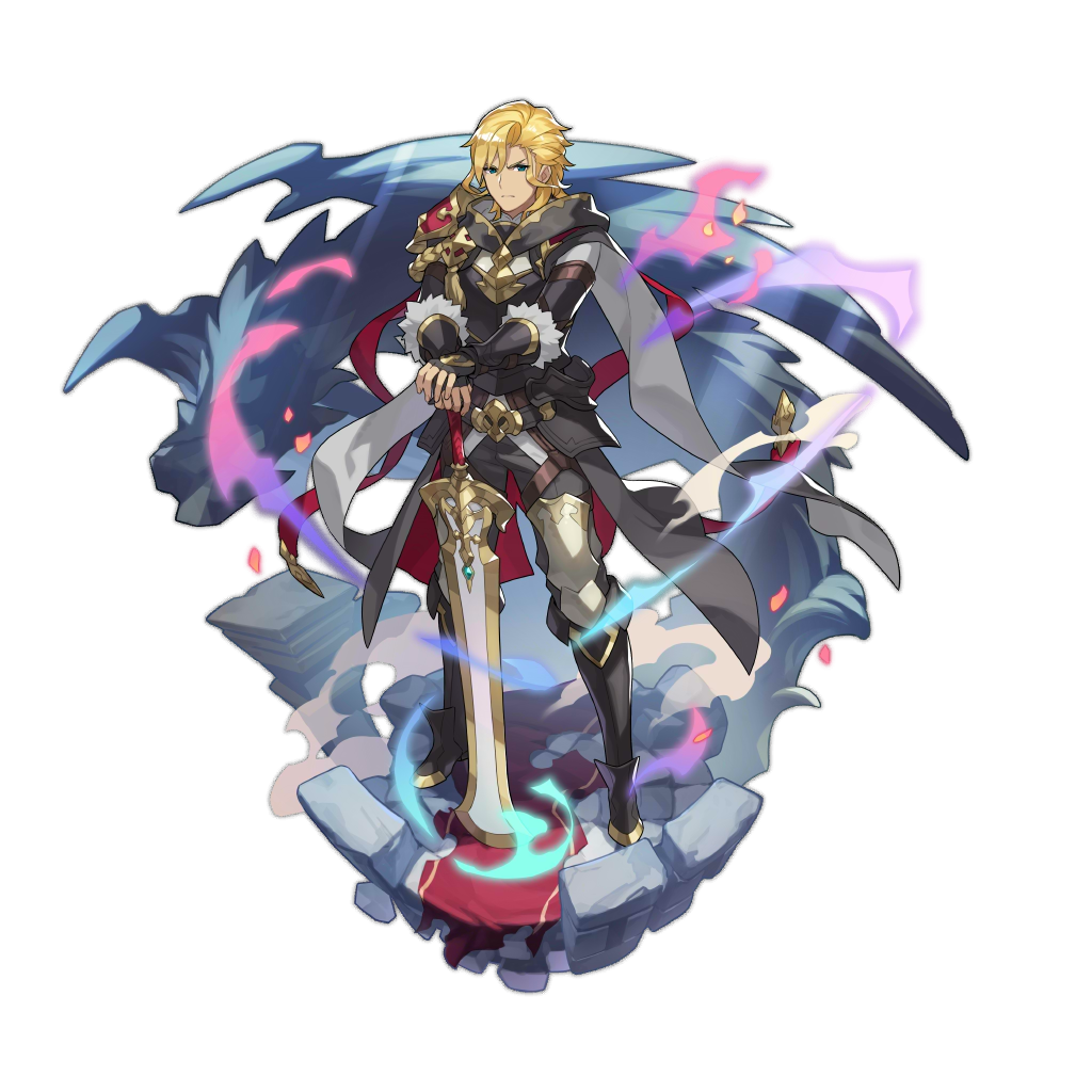 armored_boots, audric, blonde_hair, blue_eyes, boots, cape, dragalia_lost, fingerless_gloves, full_body, gloves, greatsword, looking_at_viewer, medium_hair, non-web_source, official_art, saitou_naoki, solo, sword, transparent_background, waist_cape, weapon