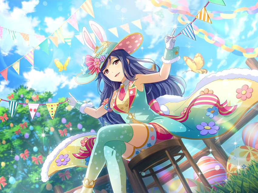blue_eyes, dress, easter, easter_egg, hat, kochou_shizuha, long_hair, purple_hair