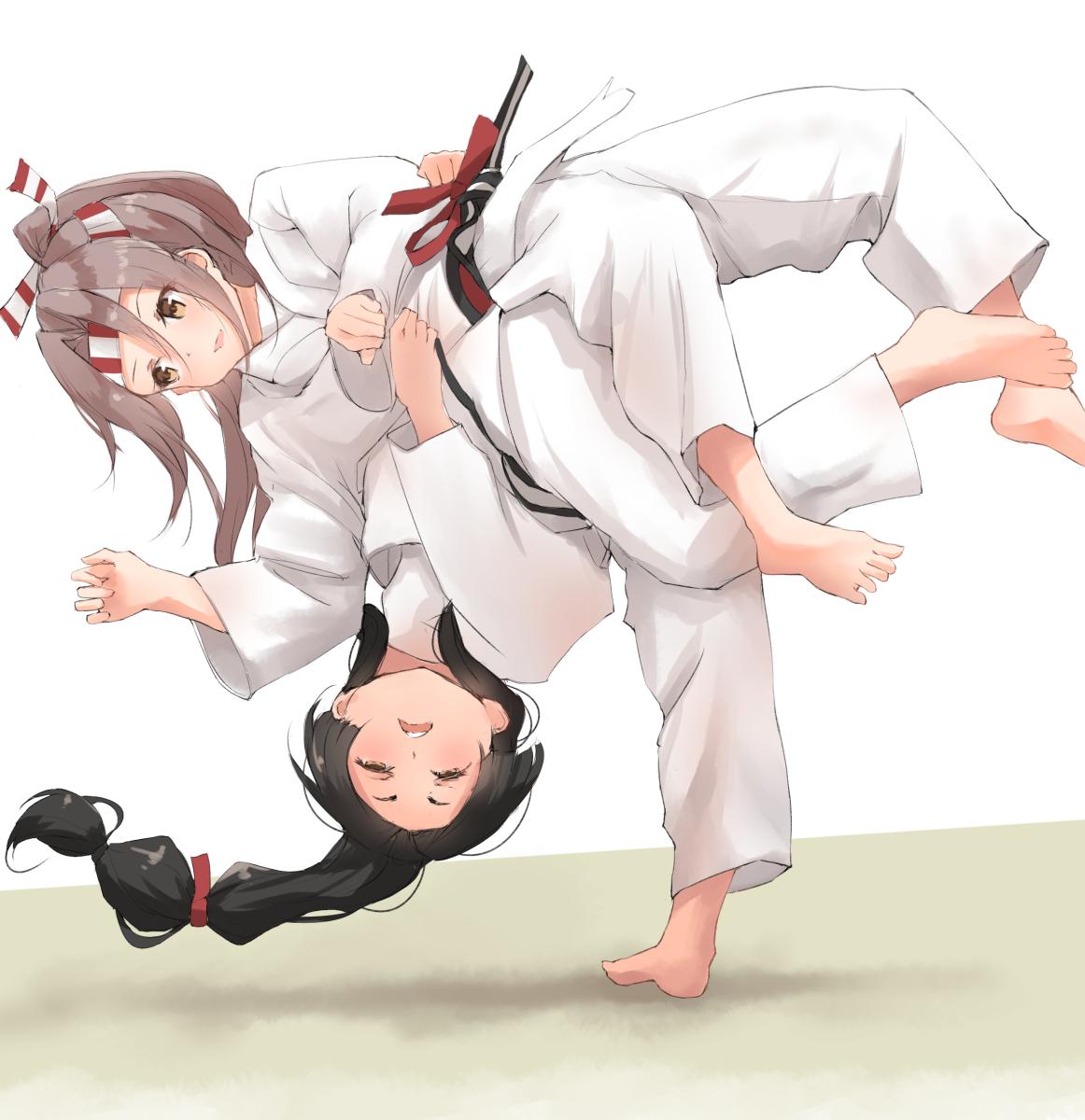 2girls, alternate_costume, barefoot, black_hair, brown_eyes, brown_hair, commentary_request, dougi