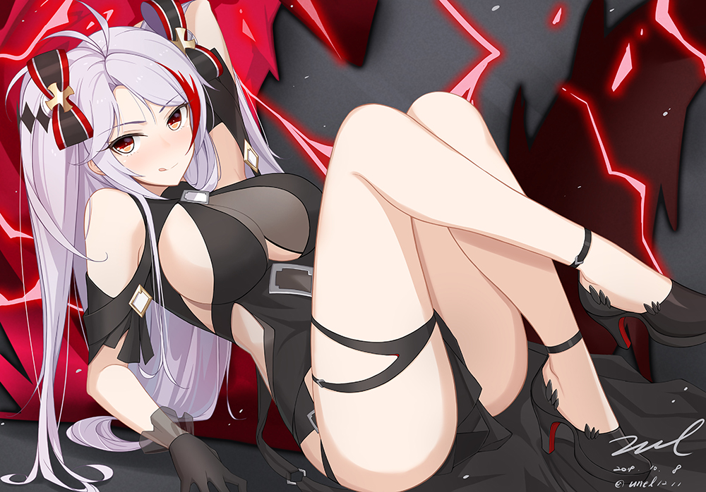 1girl, :q, antenna_hair, arm_up, ass, azur_lane, bare_legs, black_bow