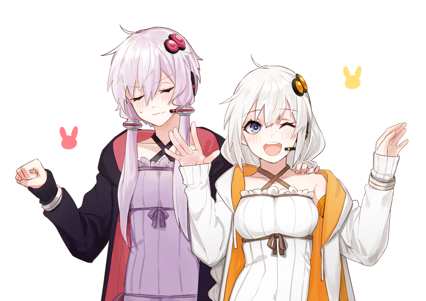 2girls, ahoge, bangs, bare_shoulders, blue_eyes, blush, braid, breasts, closed_eyes, closed_mouth, collarbone, commentary_request, eyebrows_visible_through_hair, facing_viewer, hair_between_eyes, hair_ornament, hand_on_another's_shoulder, hands_up, hood, hood_down, hoodie, kizuna_akari, long_hair, long_sleeves, looking_at_viewer, multiple_girls, one_eye_closed, open_mouth, purple_hair, rabbit, short_hair_with_long_locks, sidelocks, silver_hair, simple_background, smile, standing, teeth, twin_braids, twintails, v_cho3, very_long_hair, voiceroid, white_background, yuzuki_yukari