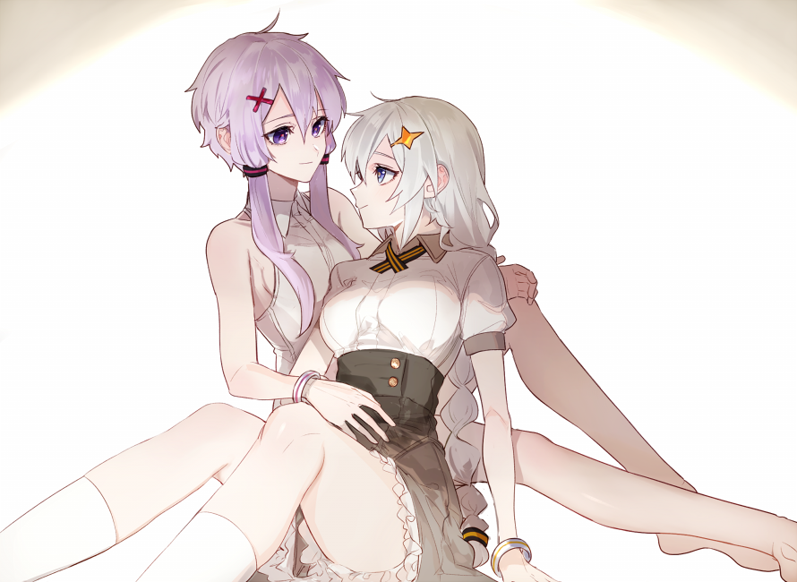 2girls, bangs, bare_shoulders, black_skirt, blue_eyes, braid, breasts, closed_mouth, collared_shirt, commentary_request, eyebrows_visible_through_hair, hair_between_eyes, hair_ornament, hug, kizuna_akari, legs, long_hair, looking_at_another, multiple_girls, purple_hair, ribbon, shirt, short_hair_with_long_locks, short_sleeves, sidelocks, silver_hair, simple_background, sitting, skirt, sleeveless, smile, twin_braids, twintails, v_cho3, very_long_hair, violet_eyes, voiceroid, white_background, white_legwear, wristband, yuri, yuzuki_yukari