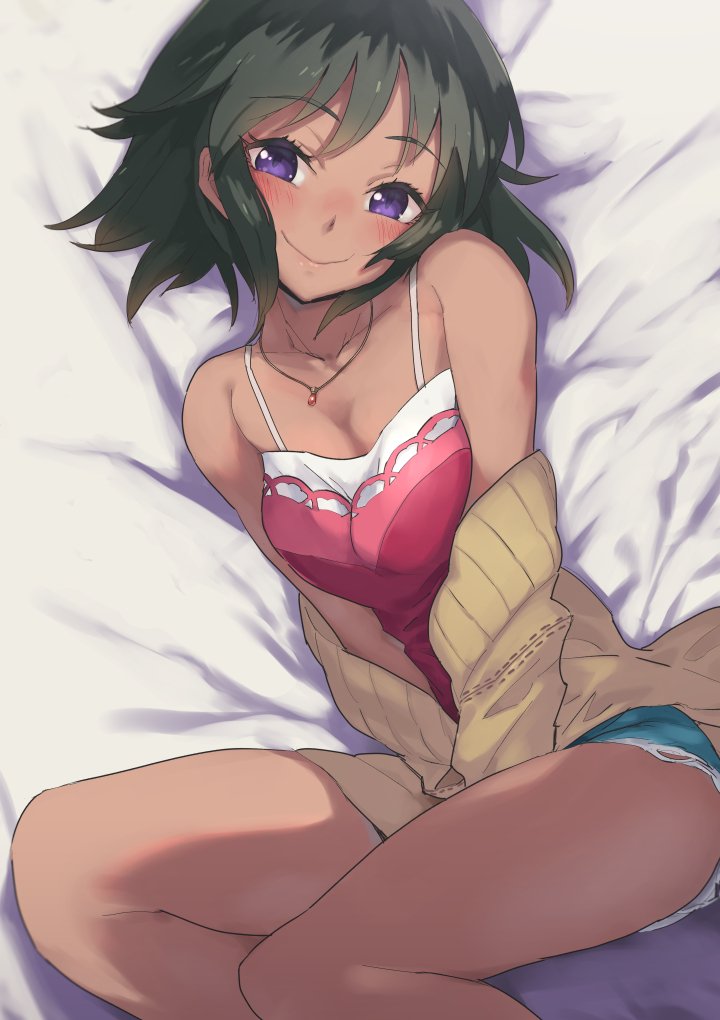 1girl, bangs, bare_shoulders, beige_sweater, black_hair, blush, breasts, collarbone