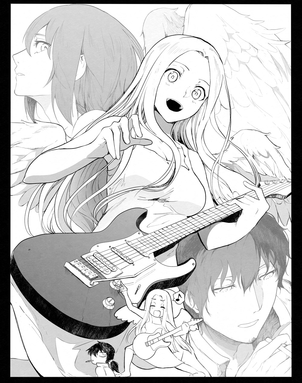 1boy, 2girls, :d, angel_notes, angel_wings, bangs, barefoot, blush, breasts, character_request, cigarette, commentary_request, dress, electric_guitar, fox_shadow_puppet, greyscale, guitar, gun_god, highres, holding, holding_cigarette, instrument, long_hair, looking_at_another, looking_to_the_side, low_ponytail, medium_breasts, monochrome, multiple_girls, music, musical_note, open_mouth, parted_bangs, playing_instrument, short_hair, sidelocks, sleeveless, smile, sundress, syatey, type-moon, v/v, wings