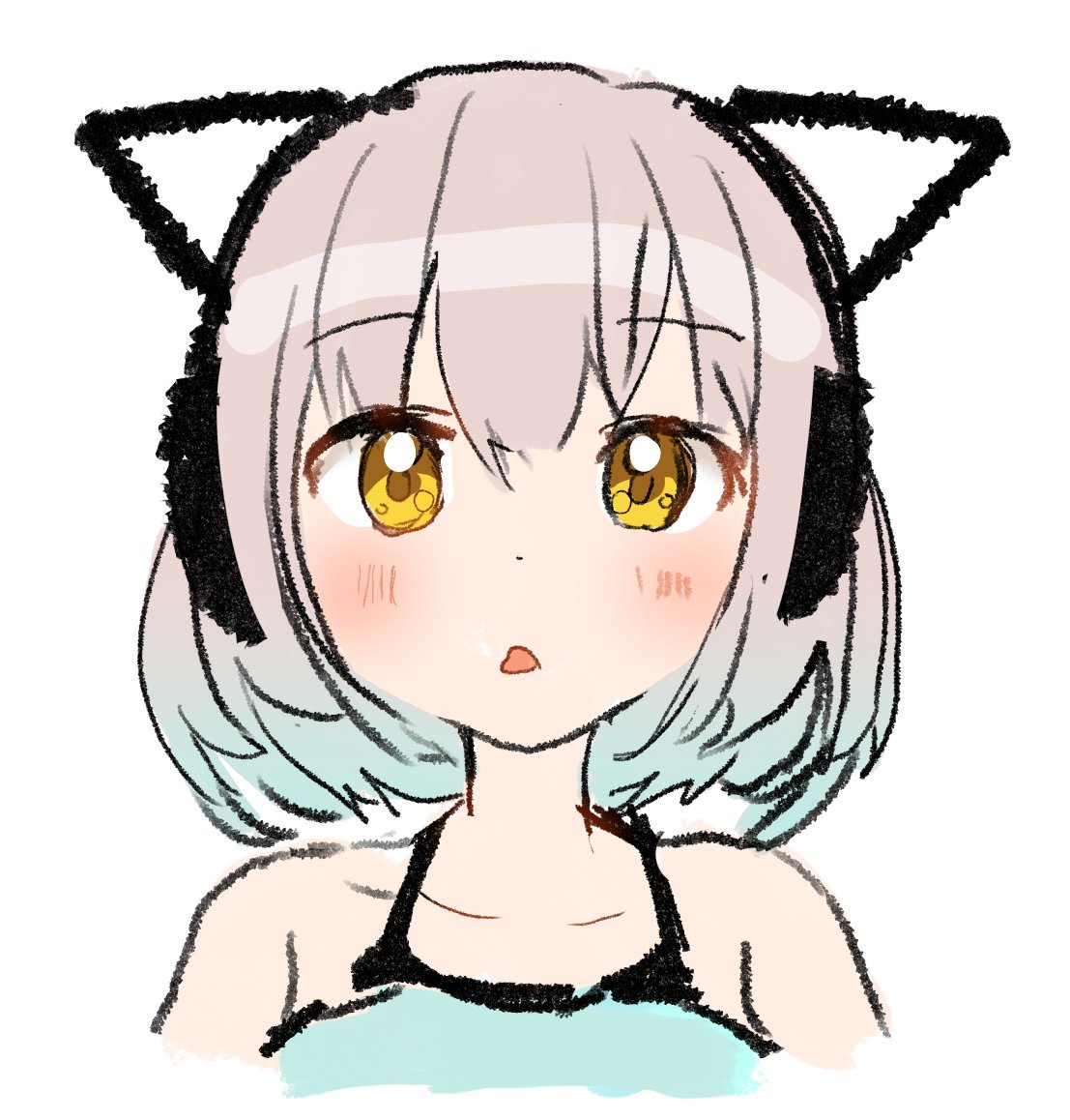 1girl, animal_ears, aqua_hair, aqua_shirt, bangs, bare_shoulders, blush, camomi