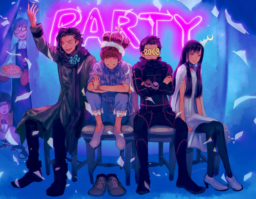 1girl, 5boys, black_hair, brown_hair, cake, chair, crossed_arms, crown, fancy_glasses, food, footwear_removed, gogohan, grin, gyuuzou_(kamen_rider_zi-o), hat, highres, kamen_rider, kamen_rider_zi-o_(series), multiple_boys, myoukouin_geiz, party_hat, sitting, smile, tokiwa_junichirou, tokiwa_sougo, tsukuyomi_(zi-o), watch, woz_(kamen_rider_zi-o)