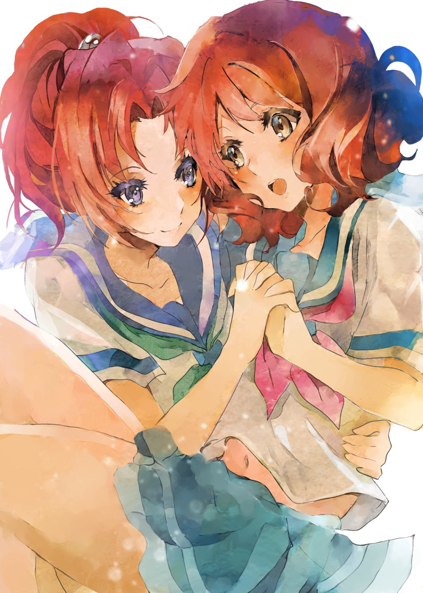 2girls, bangs, brown_hair, carrying, hibike!_euphonium, highres, holding_hands, kataru_(ubw-emiya)