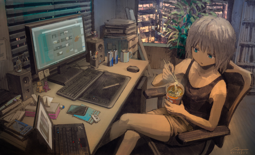 1girl, apartment, bangs, bare_arms, bare_shoulders, black_tank_top, blinds, blue_eyes