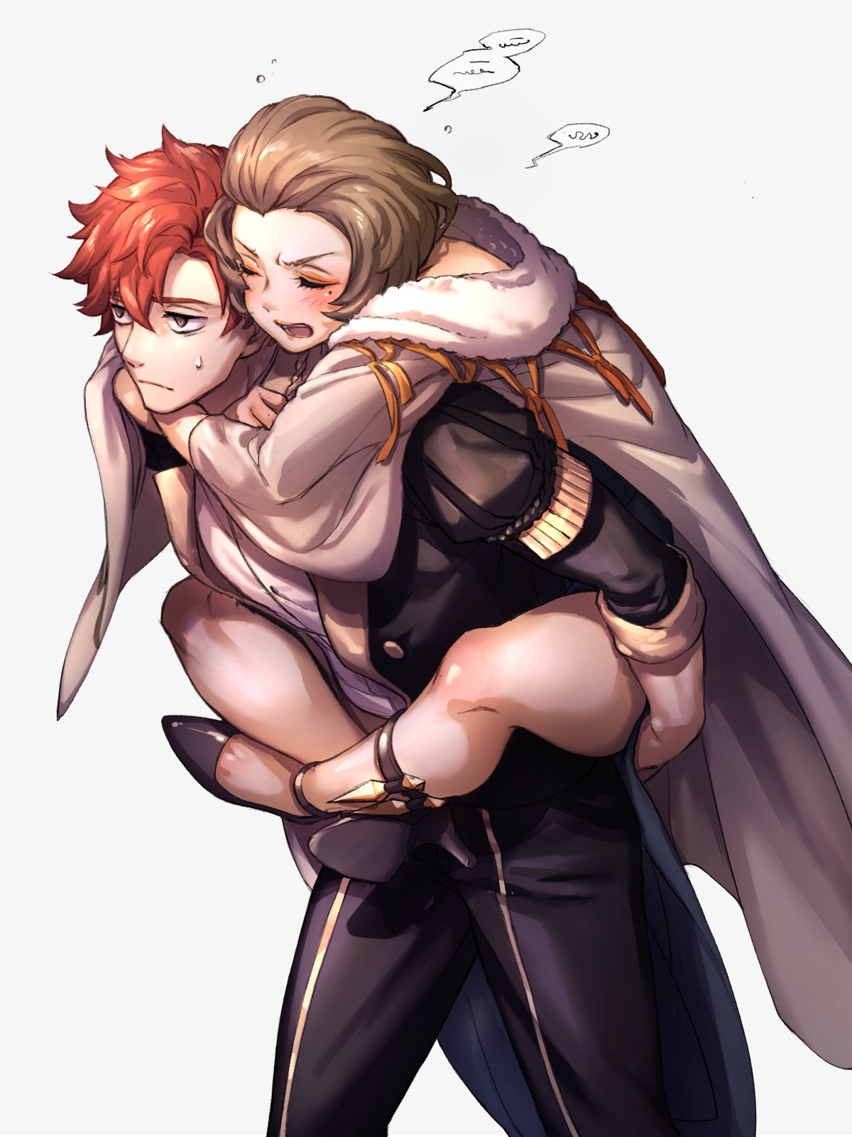 1boy, 1girl, brown_hair, carrying, closed_eyes, closed_mouth, fire_emblem, fire_emblem:_three_houses, garreg_mach_monastery_uniform, high_heels, highres, long_sleeves, manuela_casagranda, moyashi_mou2, open_mouth, pants, piggyback, redhead, short_hair, short_sleeves, simple_background, sylvain_jose_gautier, uniform, white_background
