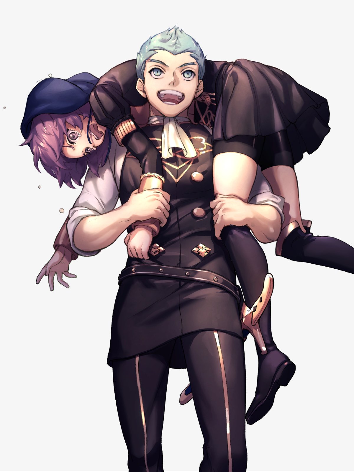 1boy, 1girl, bernadetta_von_varley, bike_shorts, blue_eyes, blue_hair, boots, carrying