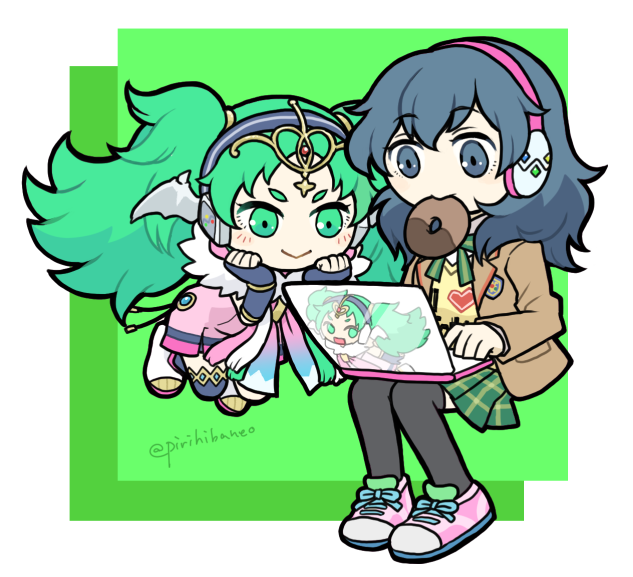2girls, black_legwear, blue_eyes, blue_hair, byleth_(fire_emblem), byleth_eisner_(female), computer, cosplay