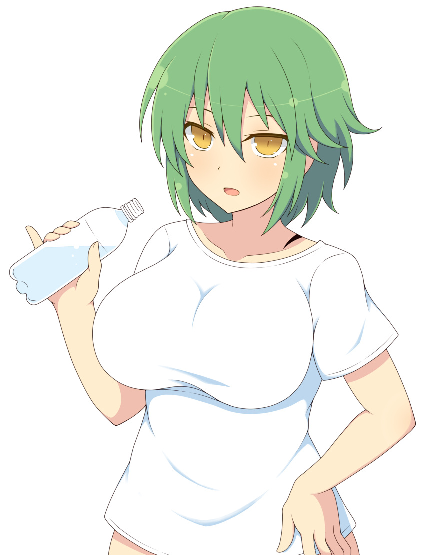 1girl, bottle, breasts, green_hair, highres, hikage_(senran_kagura), ichiryuu_tsumiki, large_breasts, pinky_out, senran_kagura, shirt, solo, water_bottle, white_background, white_shirt, yellow_eyes