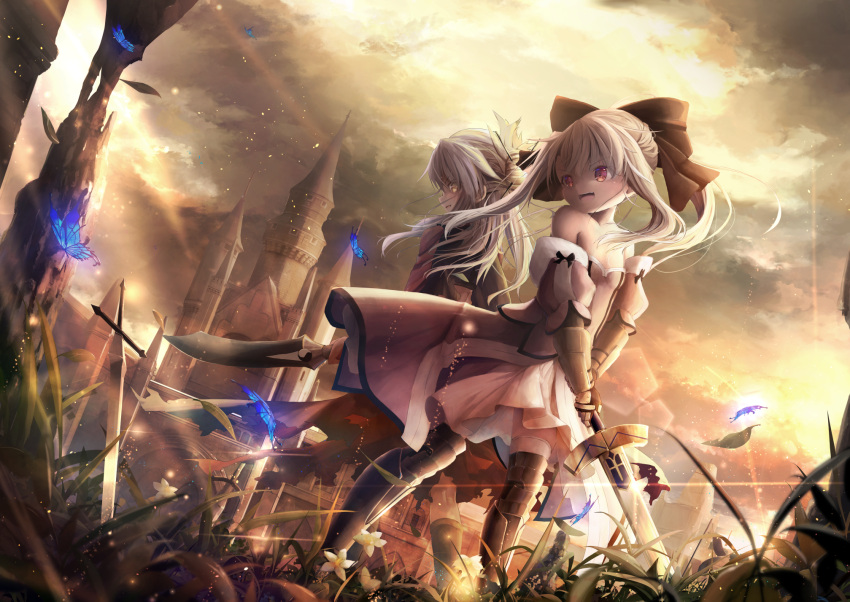 2girls, :d, animal, archer, archer_(cosplay), armored_boots, artoria_pendragon_(all), bangs