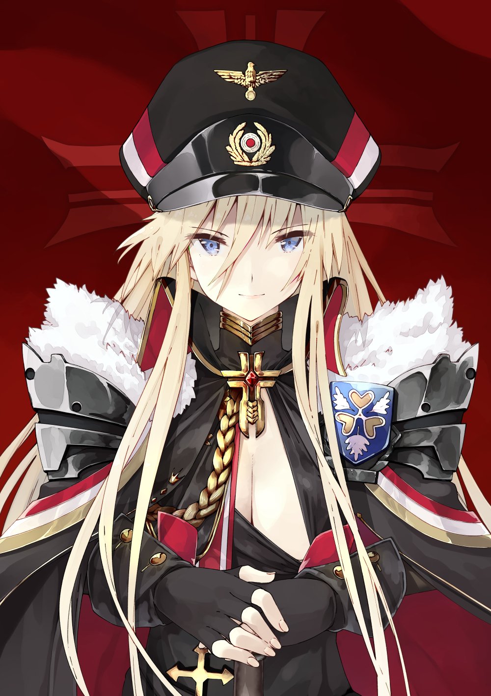 1girl, azur_lane, bangs, bismarck_(azur_lane), blonde_hair, blue_eyes, breasts, cape