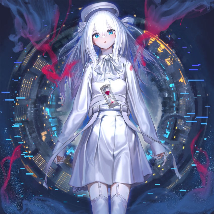 1girl, belt, blue_eyes, blush, bow, city, floating, gesoking06
