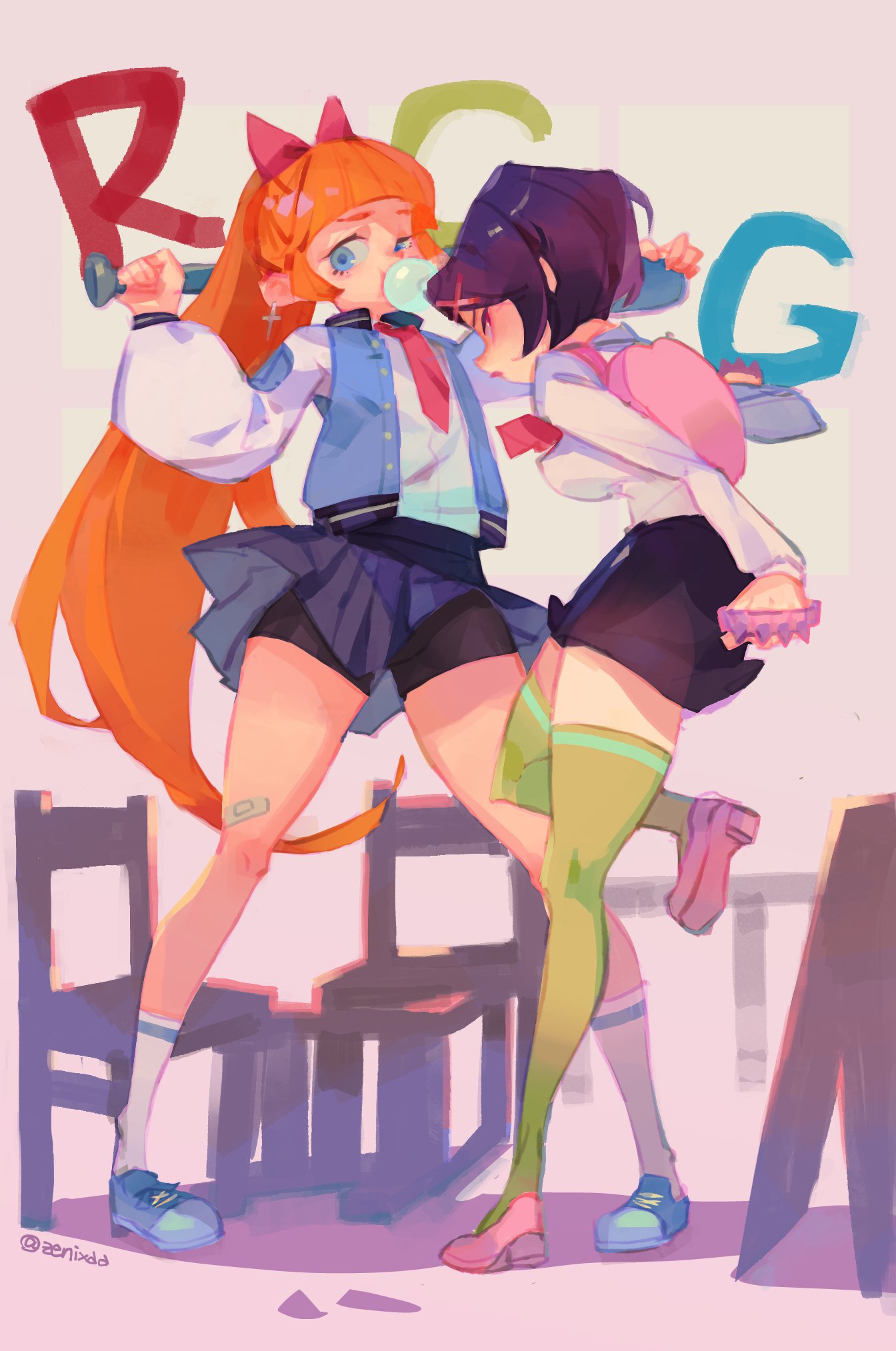 2girls, backpack, bag, bandaid, bandaid_on_leg, bangs, baseball_bat, blue_eyes