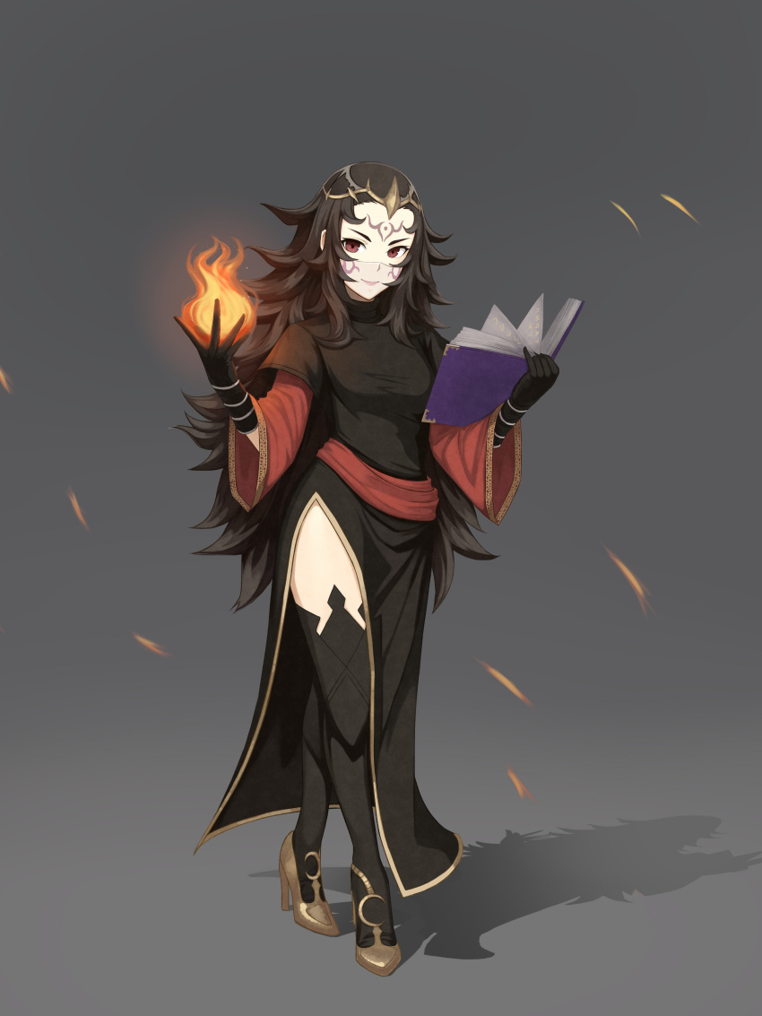 1girl, absurdres, black_gloves, black_hair, black_legwear, book, circlet, dakkalot