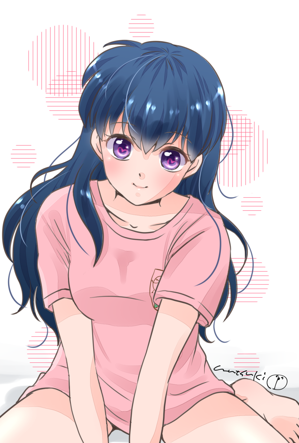1girl, barefoot, between_legs, blue_hair, closed_mouth, collarbone, eyebrows_visible_through_hair, hair_between_eyes