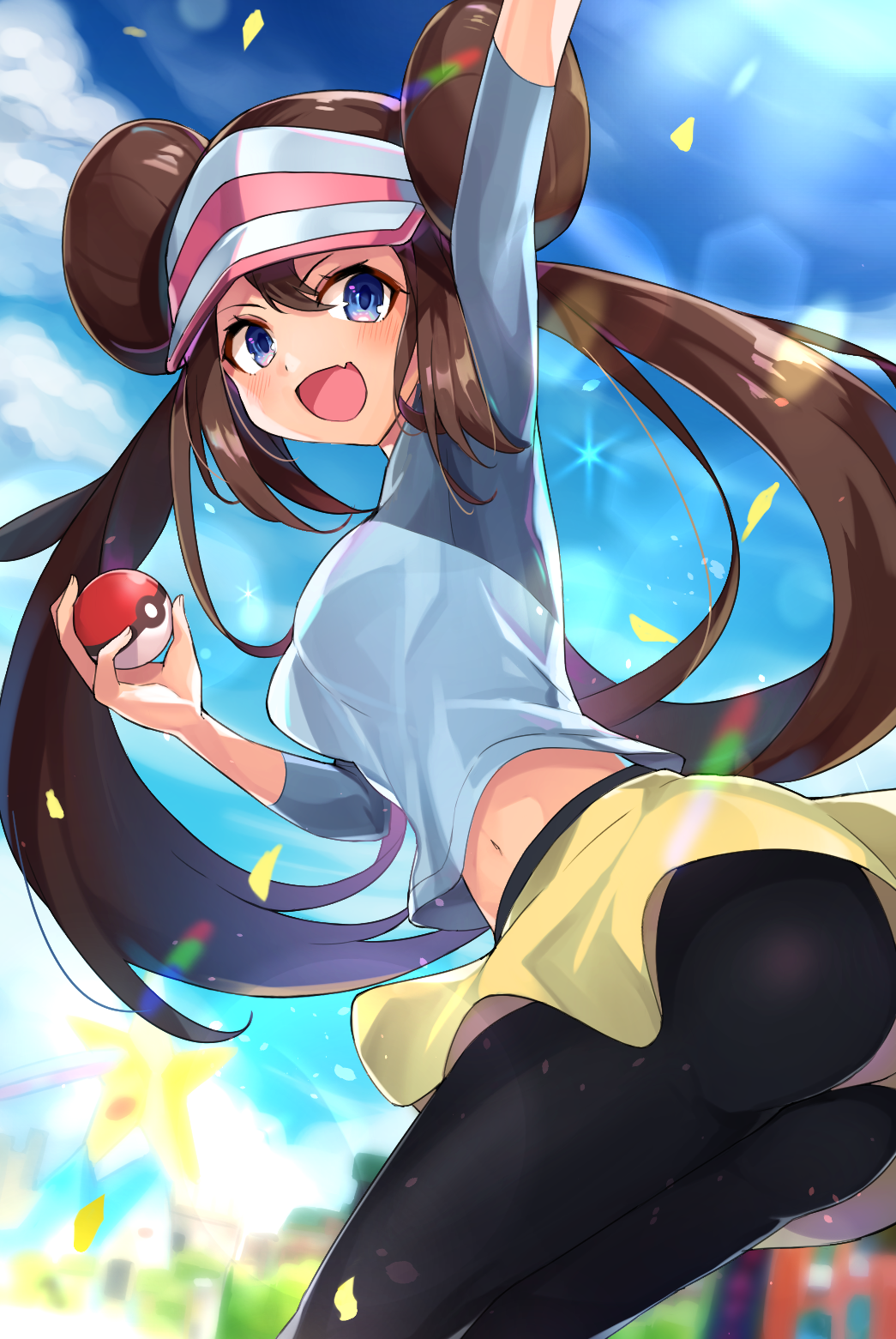 1girl, :d, arm_up, black_legwear, blue_eyes, blue_sleeves, blurry, blurry_background, brown_hair, double_bun, floating_hair, highres, holding, holding_poke_ball, kurou_sagi, lens_flare, long_hair, long_sleeves, looking_at_viewer, mei_(pokemon), midriff, navel, open_mouth, pantyhose, poke_ball, pokemon, pokemon_(game), pokemon_bw2, shiny, shiny_hair, shirt, short_shorts, shorts, smile, solo, stomach, twintails, very_long_hair, visor_cap, white_shirt, yellow_shorts