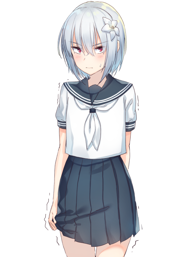1girl, bangs, black_sailor_collar, black_skirt, closed_mouth, cowboy_shot, eyebrows_visible_through_hair, flower