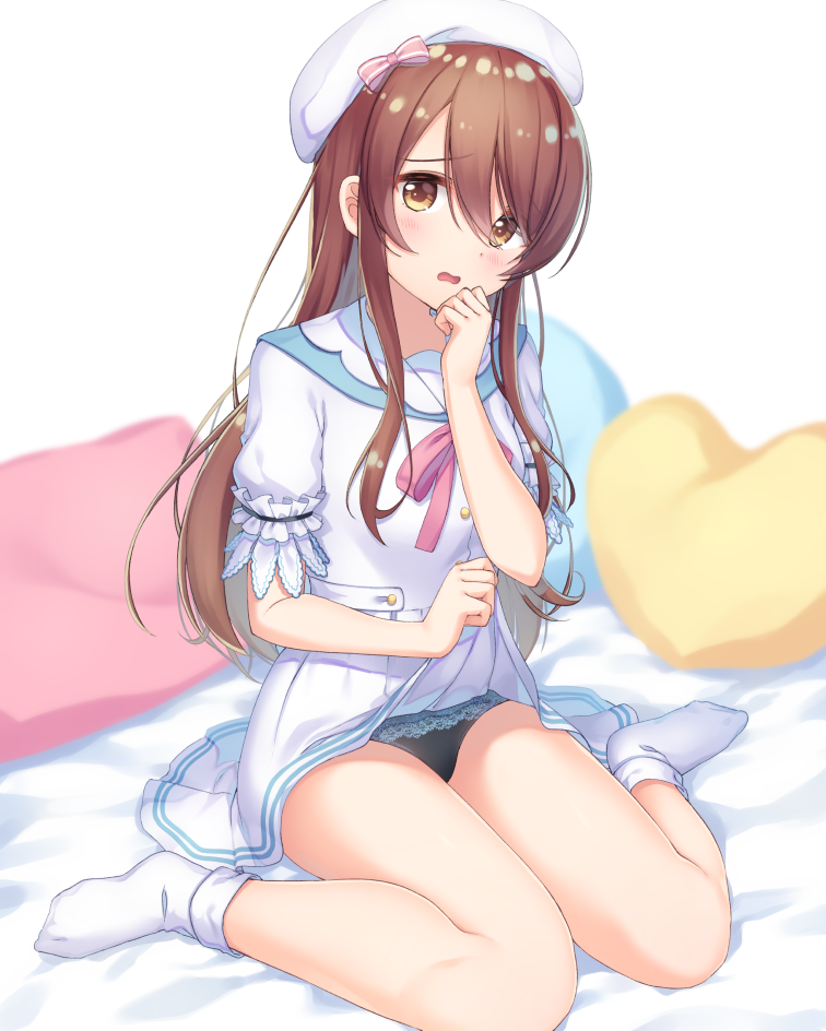 1girl, black_panties, blue_pillow, blurry, blurry_background, blush, bow, brown_eyes