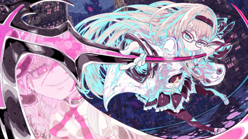 1girl, bangs, belt, black_hairband, black_legwear, black_ribbon, black_skirt, blue_eyes
