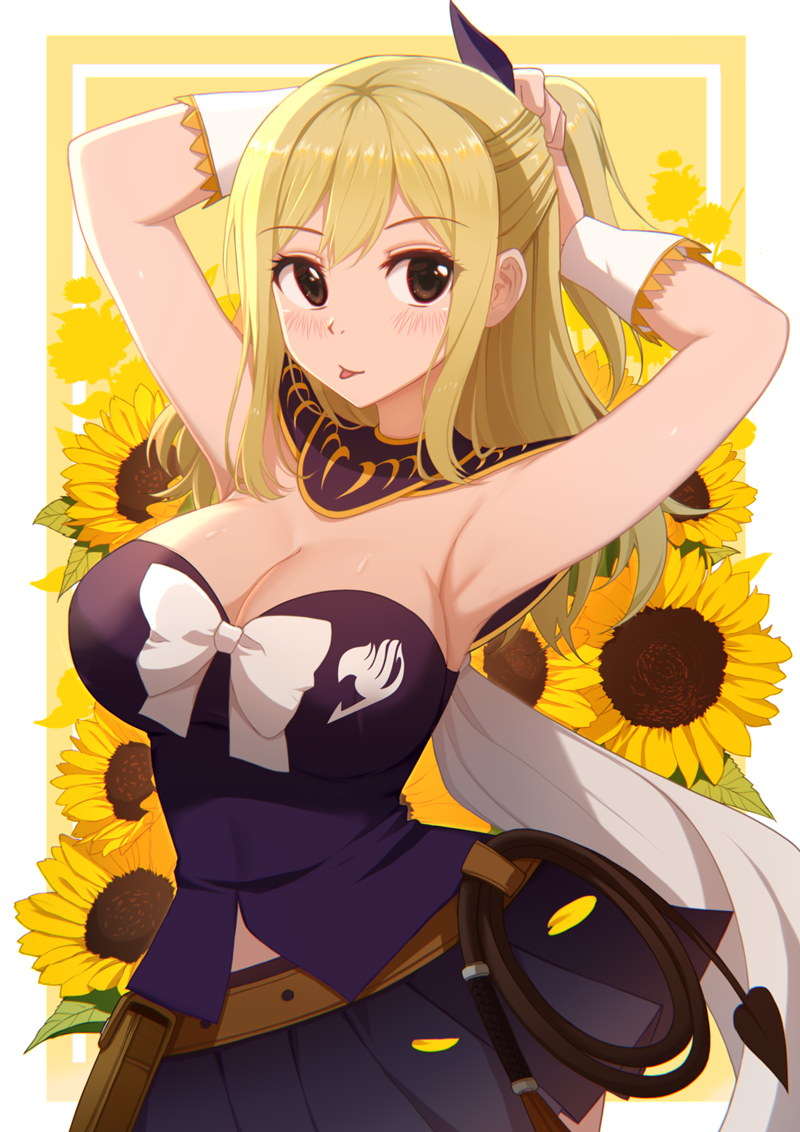 1girl, bangs, bare_shoulders, black_skirt, blonde_hair, blush, breasts, eyebrows_visible_through_hair, fairy_tail, flower, hair_between_eyes, hair_ribbon, large_breasts, long_hair, lucy_heartfilia, ponytail, purple_shirt, ribbon, rizky_(strated), shirt, skirt, solo, sunflower, tongue, tongue_out, whip