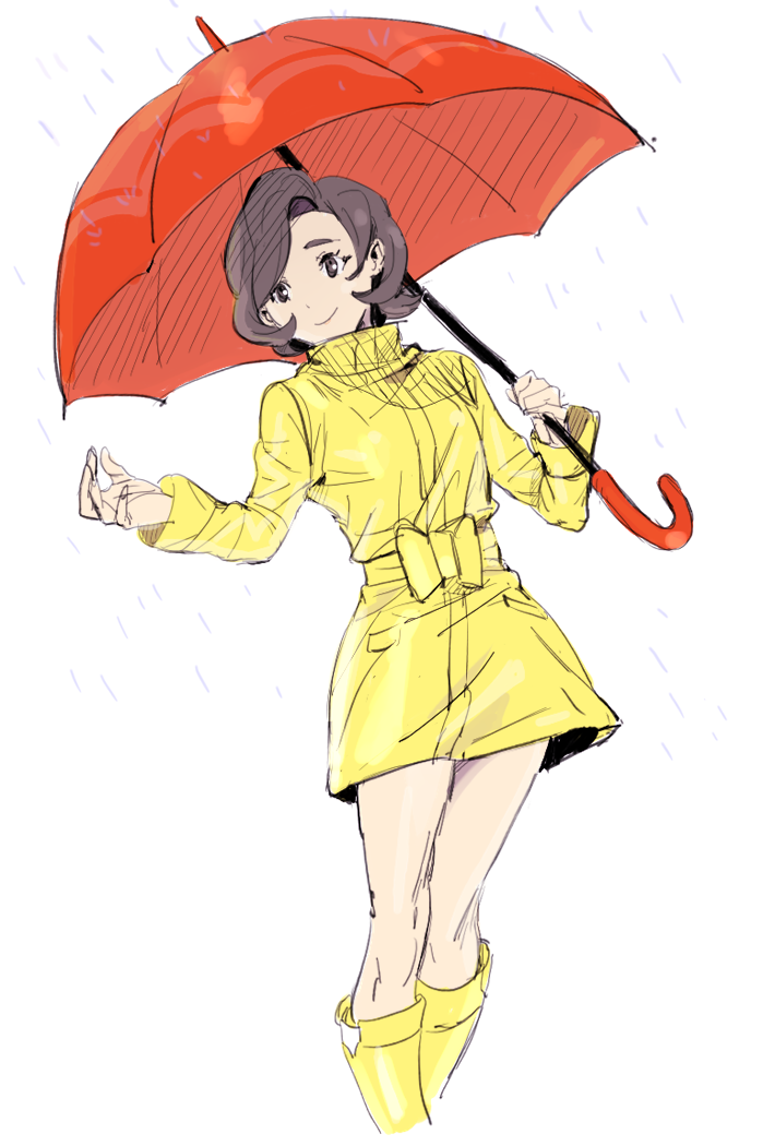 1girl, boots, bow, brown_eyes, brown_hair, day, drawfag, holding