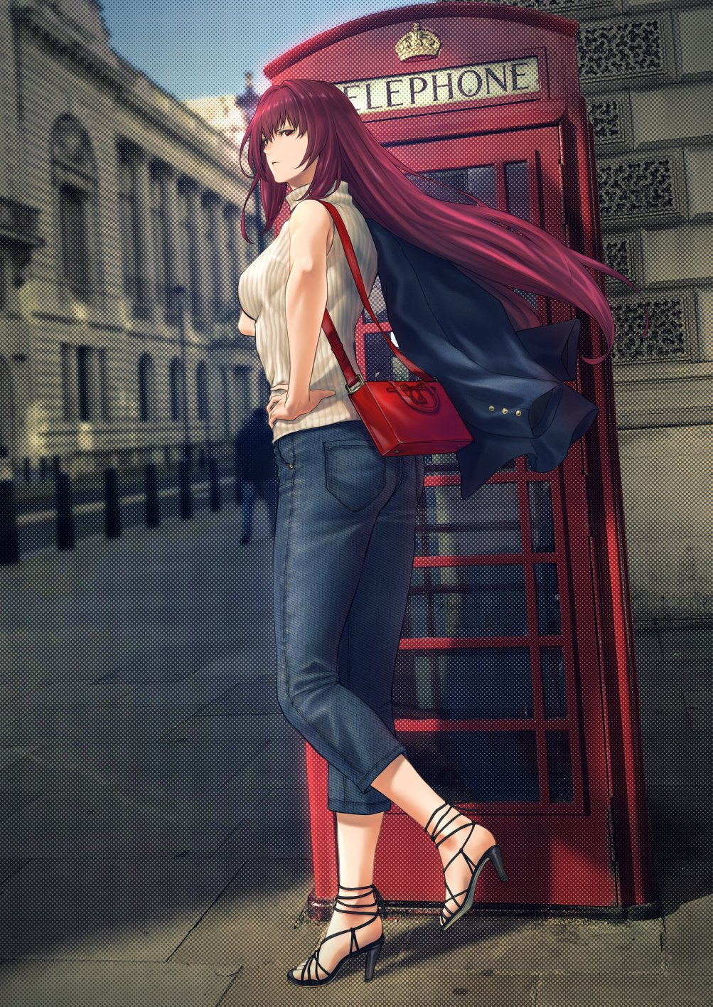 1girl, casual, commentary_request, contemporary, denim, fate/grand_order, fate_(series), from_side