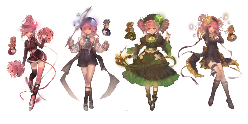 4girls, amulet_clover, amulet_dia, amulet_heart, amulet_spade, apron, bangs, beret, black_dress, black_gloves, black_legwear, blue_shirt, choker, dia_(shugo_chara!), dress, drill_locks, egg, frills, gloves, guardian_chara, hair_bun, hair_ornament, hands_on_head, hat, highres, hinamori_amu, kneehighs, maid_apron, maid_headdress, miki_(shugo_chara!), mismatched_legwear, multiple_girls, pink_hair, pom_poms, ran_(shugo_chara!), ribbon, ribbon_choker, ruffled_sleeves, shirt, shorts, shugo_chara!, sidelocks, simple_background, skates, suu_(shugo_chara!), treble_clef, twintails, white_background, yellow_eyes, yerm