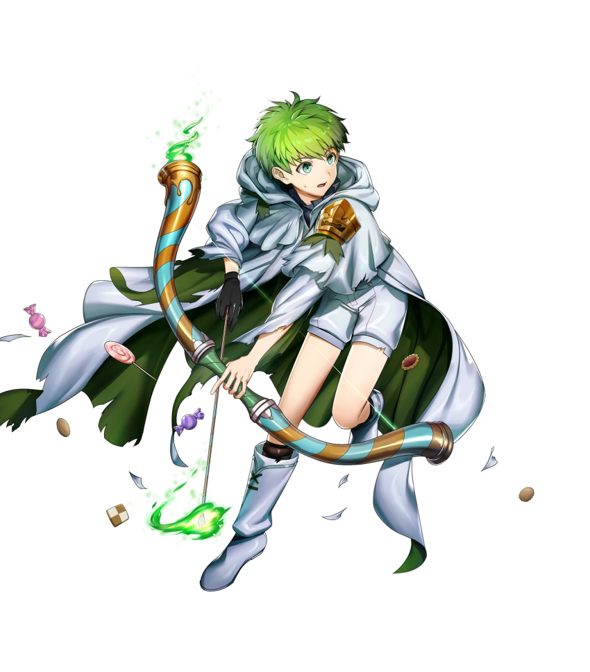 1boy, alternate_costume, arrow, biscuit, blue_eyes, boots, bow_(weapon), cake