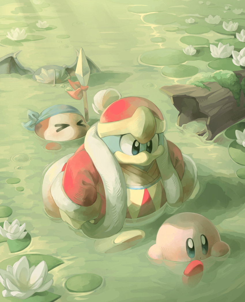 >_<, 3boys, bandana, bandana_waddle_dee, bird, blue_eyes, blue_headwear, closed_eyes, closed_mouth, coat, flower, from_above, fur_trim, green_background, hal_laboratory_inc., hat, highres, hoshi_no_kirby, hoshi_no_kirby_wii, king_dedede, kirby, kirby's_return_to_dream_land, kirby_(series), light_rays, lily_pad, log, long_sleeves, male, meta_knight, moss, nintendo, no_humans, no_mouth, open_mouth, outdoors, partially_submerged, penguin, pink_puff_ball, polearm, red_coat, red_headwear, spear, stardust-dreamii, sunbeam, sunlight, waddle_dee, waddle_dee_(specie), wading, walking, weapon, white_flower, wings