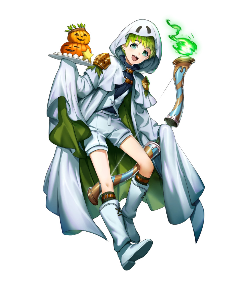 1boy, alternate_costume, blue_eyes, boots, bow_(weapon), cake, cape, fire
