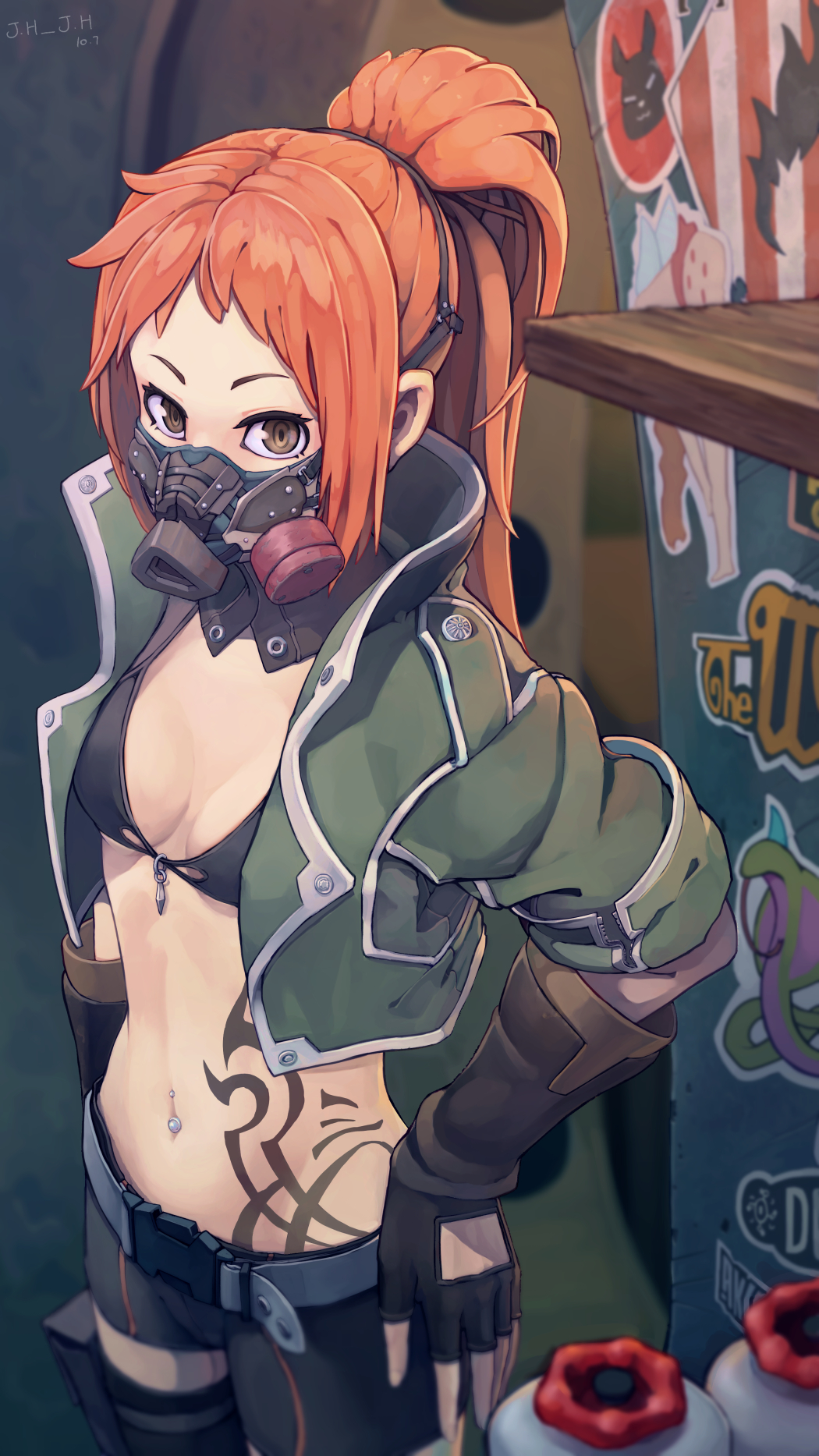 1girl, artist_name, bikini_top, breasts, brown_eyes, code_vein, commentary_request, fingerless_gloves, full_body_tattoo, gas_mask, gloves, green_coat, highres, j.h_j.h, looking_at_viewer, murasame_rin_(code_vein), navel_piercing, orange_hair, piercing, ponytail, shorts, small_breasts, solo, tattoo