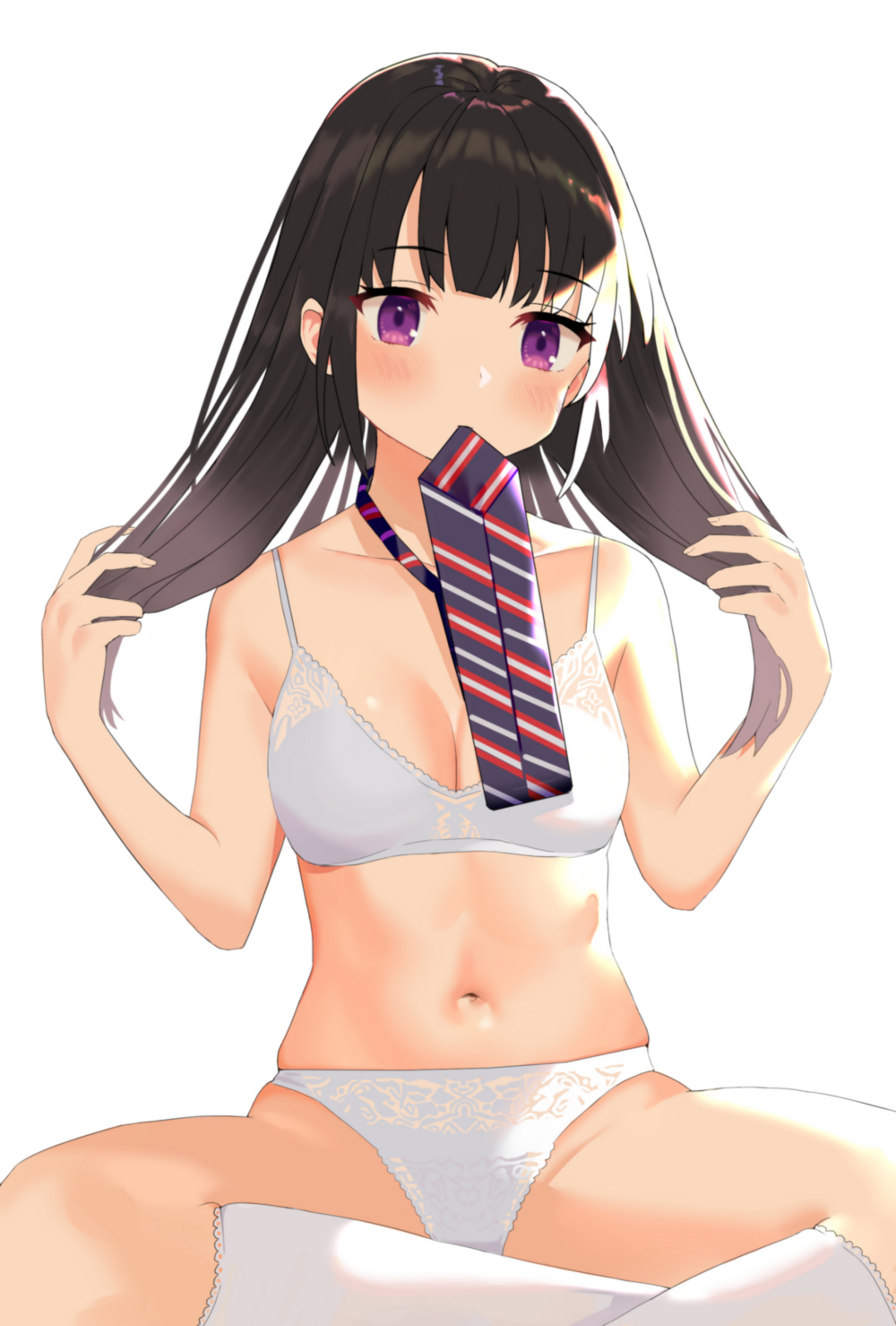 1girl, bangs, black_hair, blue_neckwear, blunt_bangs, blush, bra, breasts