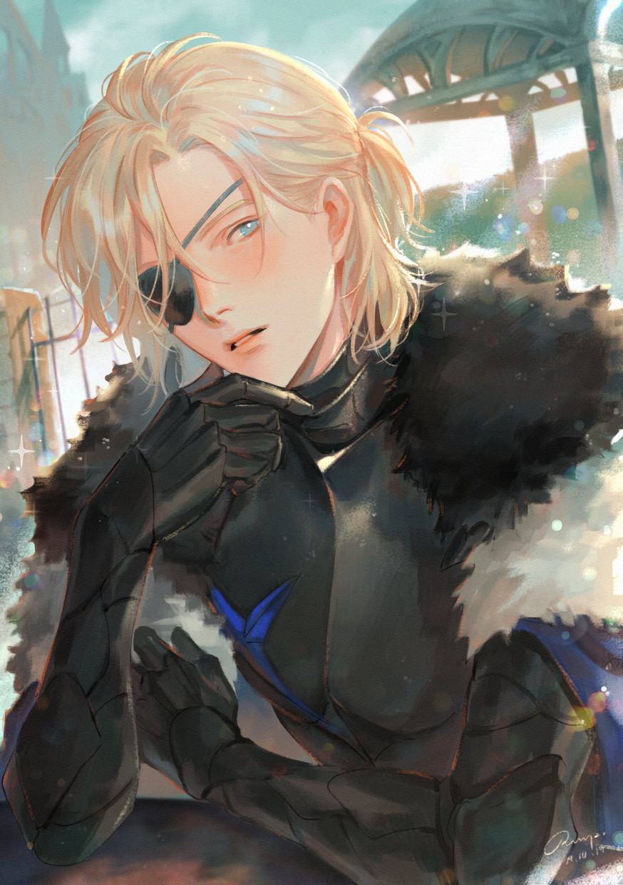 1boy, armor, artist_name, blonde_hair, blue_eyes, dimitri_alexandre_blaiddyd, eyepatch, fire_emblem, fire_emblem:_three_houses, fur_trim, gloves, highres, male_focus, rm-parfait, solo, sparkle, teeth, upper_body